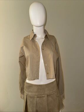 Cropped Beige Button-Front Shirt Jacket